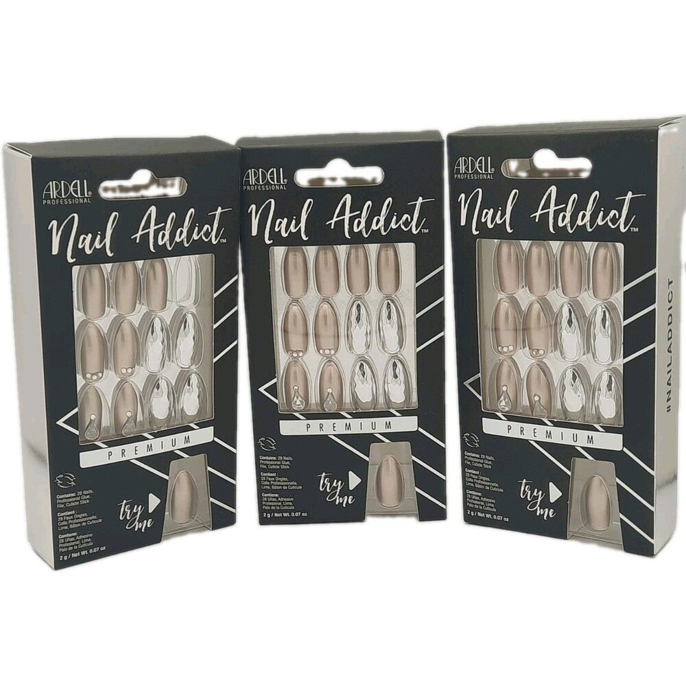 Bundle Lot of 3 - Packs Ardell Nail Addict Premium Press-On Nails Champagne Ice